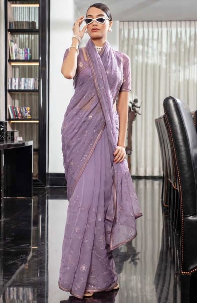Lilac Embroidered Chiffon Saree for Festival