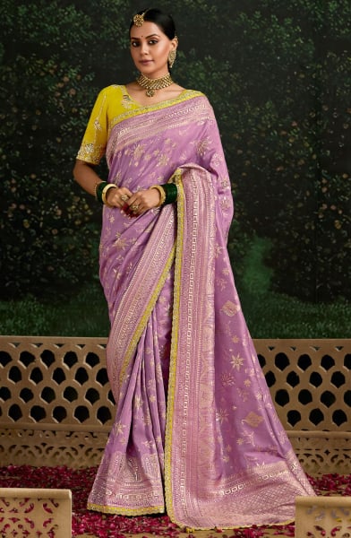 Lilac Embroidered Dola Silk Designer Saree