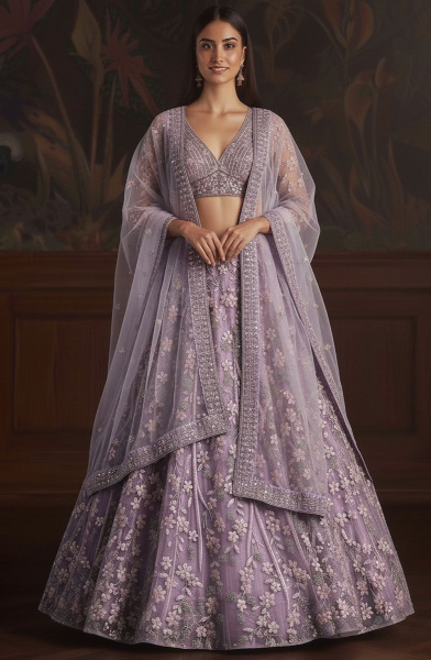 Lilac Embroidered Net Bridal Lehenga Choli