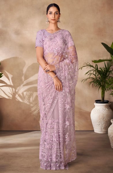 Lilac Embroidered Net Designer Saree