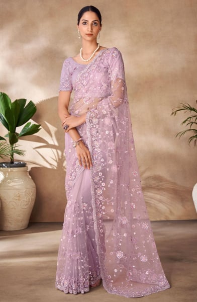 Lilac Embroidered Net Designer Saree