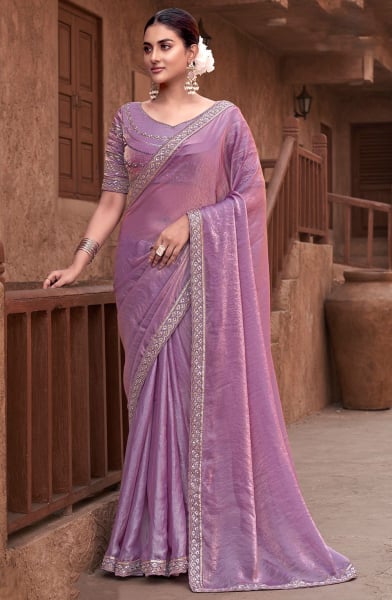 Lilac Embroidered Satin Silk Designer Saree