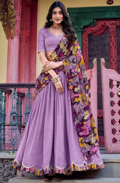 Lilac Embroidered Silk Lehenga Choli with Kalamkari Dupatta