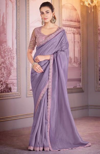 Lilac Embroidered Tissue Crush Designer Saree