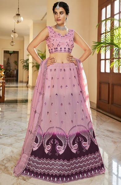 Lilac Pink and Plum Embroidered Art Silk Lehenga Choli