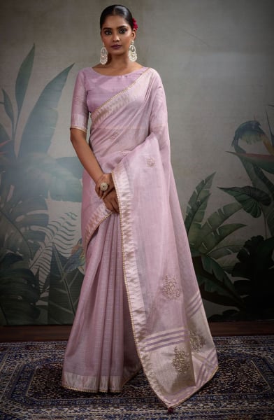 Lilac Pink Embellished Linen Tissue Saree
