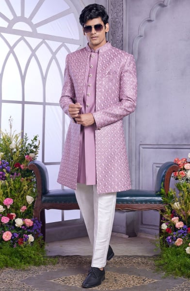 Lilac Pink Embroidered Art Silk Indo Western