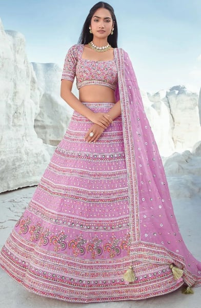 Lilac Pink Embroidered Georgette Designer Lehenga Choli