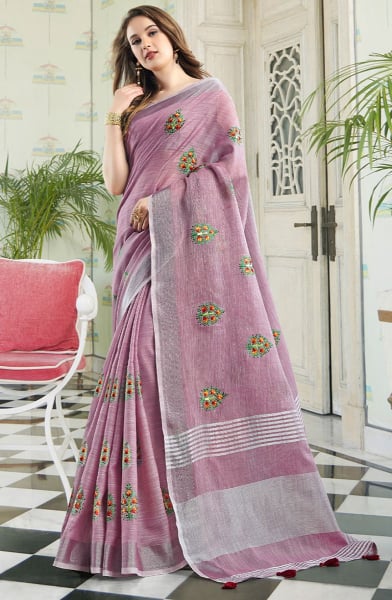 Lilac Pink Embroidered Linen Saree