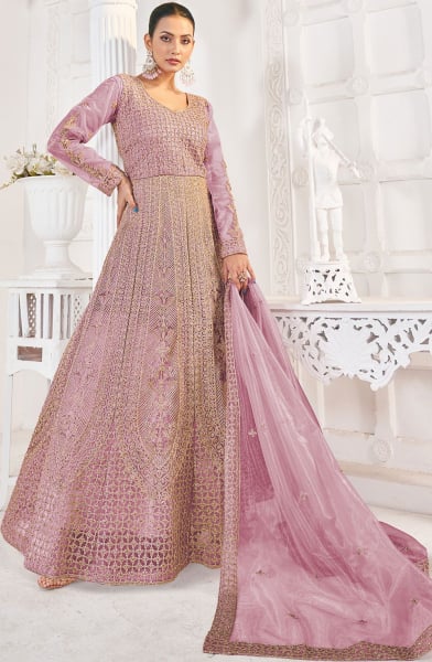 Lilac Pink Embroidered Net Anarkali Dress for Festival