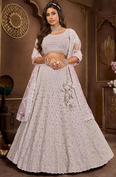 Lilac Pink Embroidered Net Designer Lehenga Choli