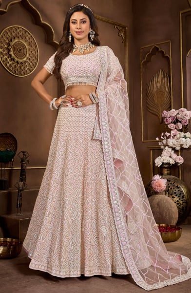 Lilac Pink Embroidered Net Designer Lehenga Choli