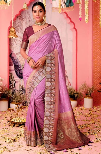Lilac Pink Embroidered Nylon Dola Silk Saree