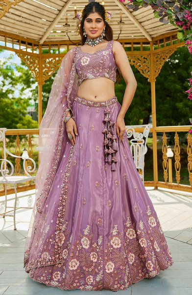 Lilac Pink Embroidered Satin Designer Lehenga Choli