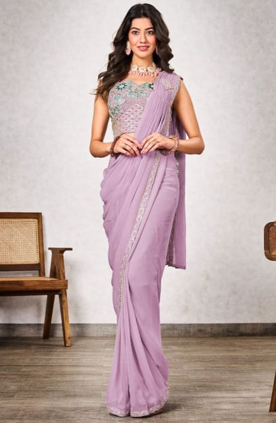 Lilac Pink Embroidered Shimmer Georgette Ready to Wear Saree