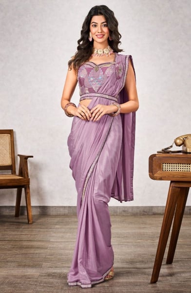 Lilac Pink Embroidered Shimmer Georgette Ready to Wear Saree