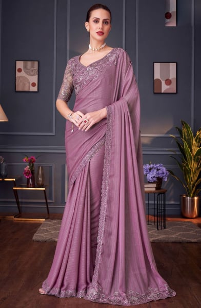 Lilac Pink Embroidered Shimmer Silk Designer Saree