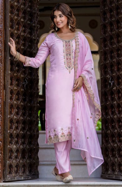 Lilac Pink Embroidered Silk Blend Readymade Suit