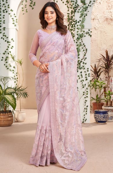 Lilac Pink Embroidered Soft Net Designer Saree