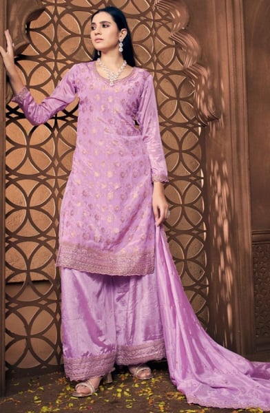 Lilac Pink Embroidered Viscose Chinnon Jacquard Palazzo Kameez