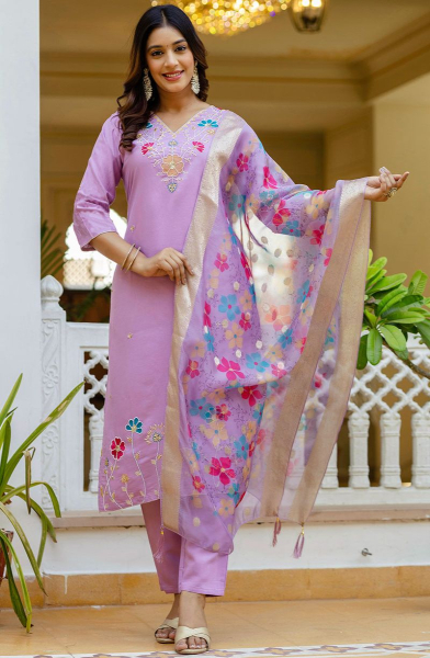 Lilac Pink Embroidered Viscose Gadhwal Readymade Suit