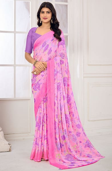Lilac Pink Floral Print Chiffon Saree