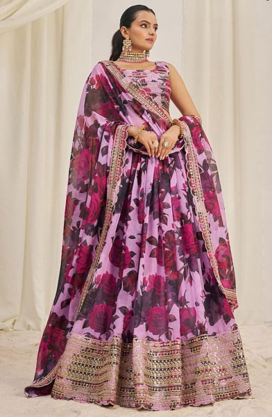 Lilac Pink Floral Print Organza Embroidered Lehenga Set