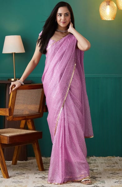 Lilac Pink Foil Print Organza Ready to Wear Saree