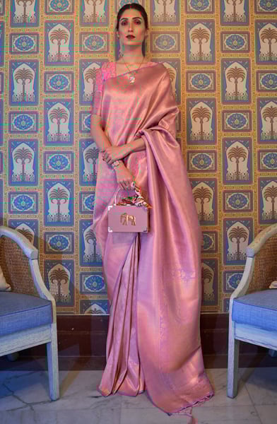 Lilac Pink Handloom Weaving Silk Saree