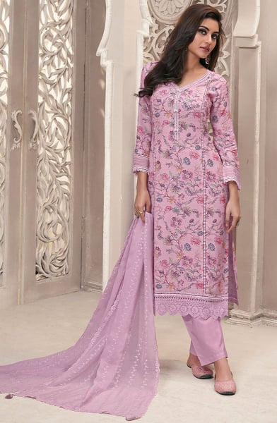 Lilac Pink Linen Fabric with Floral Printed and Schiffli work Kurta Set