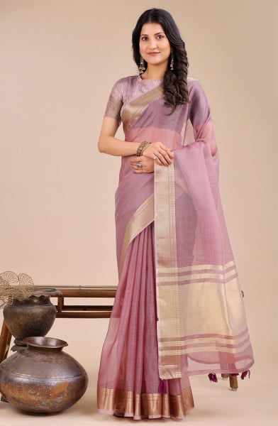 Lilac Pink Organza Saree for Festival