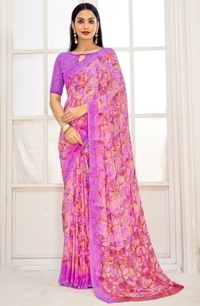 Lilac Pink Printed Georgette Casual Wear Saree