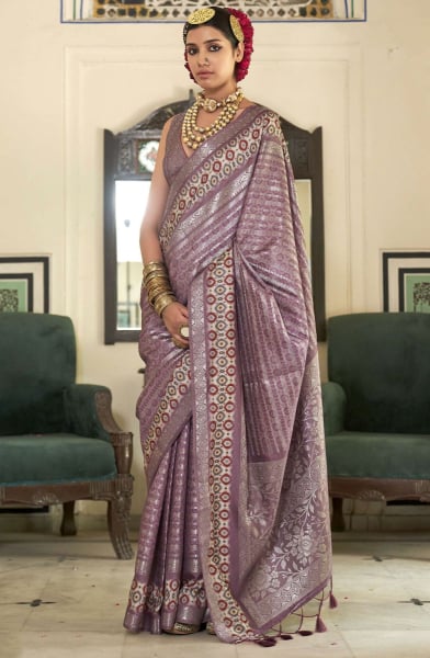 Lilac Pink Printed Silk Saree with Weaving