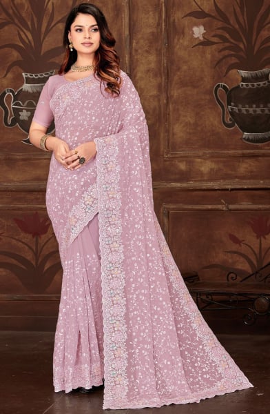 Lilac Pink Resham Embroidered Georgette Saree