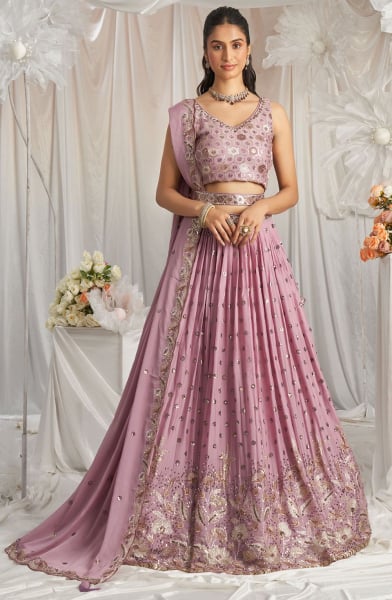 Lilac Pink Sequins Embroidered Faux Georgette Lehenga Choli