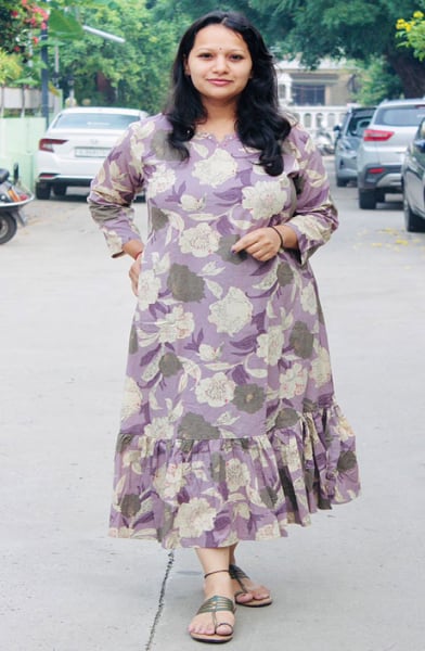 Lilac Printed Cotton Frilled Kurti