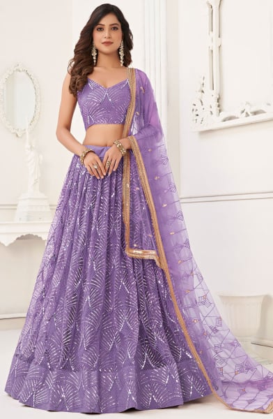 Lilac Purple Embroidered Net Lehenga Choli