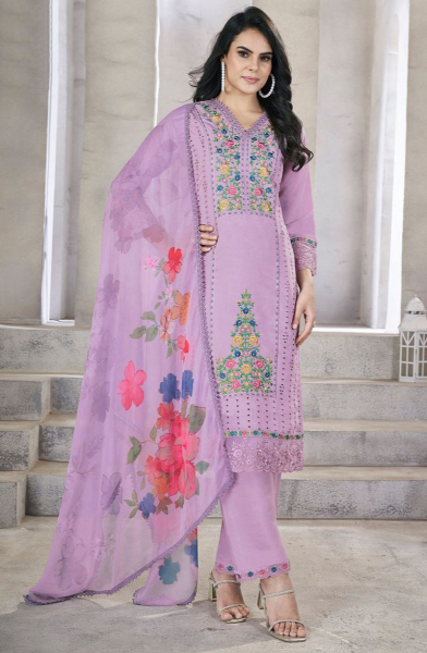 Lilac Resham Embroidered Silk Readymade Suit