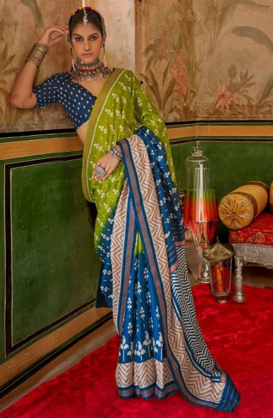 Lime Green and Cobalt Blue Mercerized Silk Saree for Party