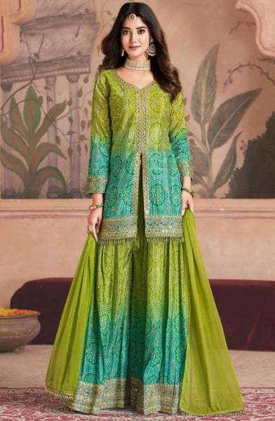 Lime Green and Rama Green Embroidered Chinnon Palazzo Kameez