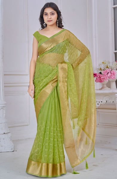 Lime Green Beads Work Pure Jacquard Saree