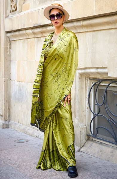 Lime Green Digital Print Satin Crepe Saree