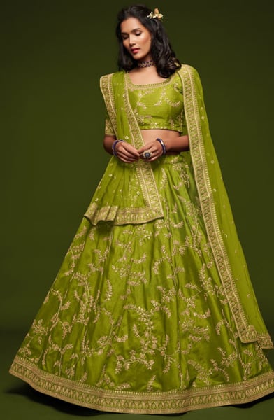 Lime Green Embroidered Art Silk Designer Lehenga Choli