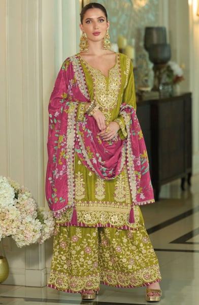 Lime Green Embroidered Chinnon Silk Palazzo Kameez