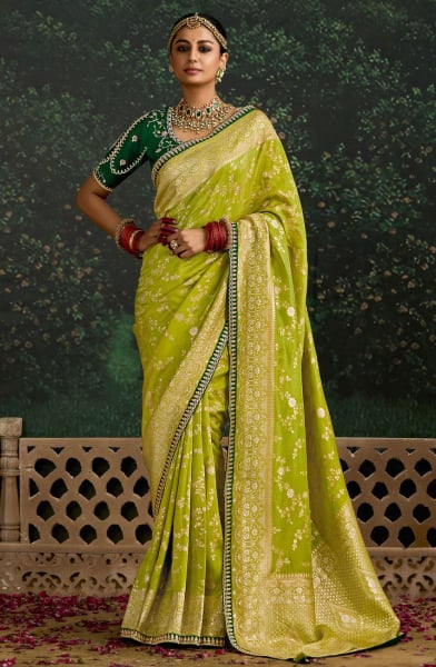Lime Green Embroidered Dola Silk Designer Saree