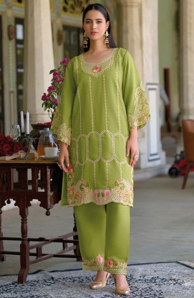 Lime Green Embroidered Roman Silk Co-Ord Set