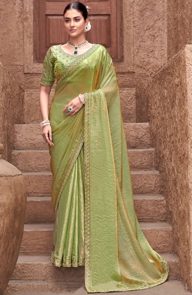 Lime Green Embroidered Satin Silk Designer Saree