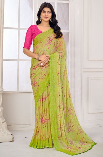 Lime Green Floral Print Chiffon Saree