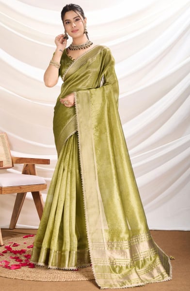 Lime Green Gold Infused Tissue Linen Saree