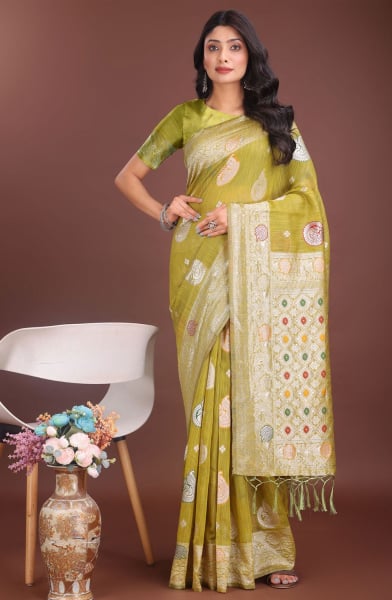 Lime Green Linen Cotton Saree